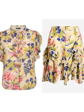 Ralph Lauren Black Label Floral Ruffle-Trim Georgette Cream Top XXL & Skirt 16